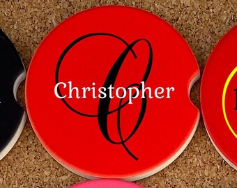 Personalized Single Initial & Name Monogram Car Coaster, Personalized Car Cup Holder Coaster, Custom Car Coaster, Personalized Gifts,  Red