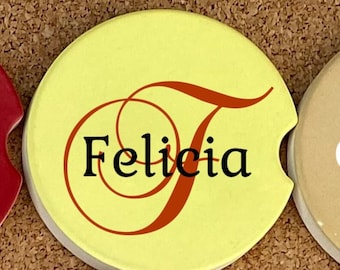Personalized Single Initial & Name Monogram Car Coaster, Personalized Car Cup Holder Coaster, Custom Car Coaster, Personalized Gifts, Yellow