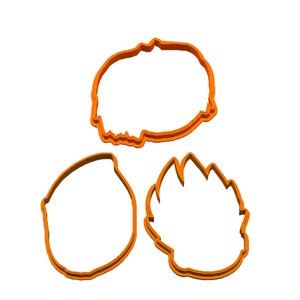 May include: Three orange plastic cookie cutters, one shaped like a cloud, one shaped like a leaf, and one shaped like a circle.
