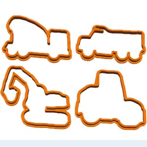 May include: Set of four orange plastic cookie cutters shaped like construction vehicles: a cement mixer, a dump truck, a backhoe, and a tractor.