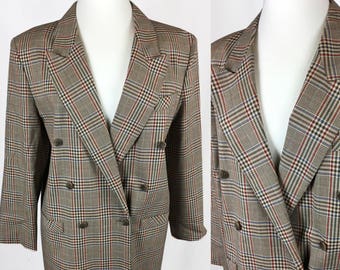 Vintage Retro 90s Medium Etam Double Breasted Brown Red Longline Checked Blazer Jacket