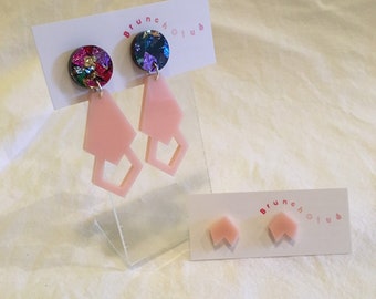 Modern Acrylic Earrings. Laser Cut Acrylic. Geometric Statement Dangle Earrings. Maxi Studs. Light Pink and Glitter Foil. Two Pack.