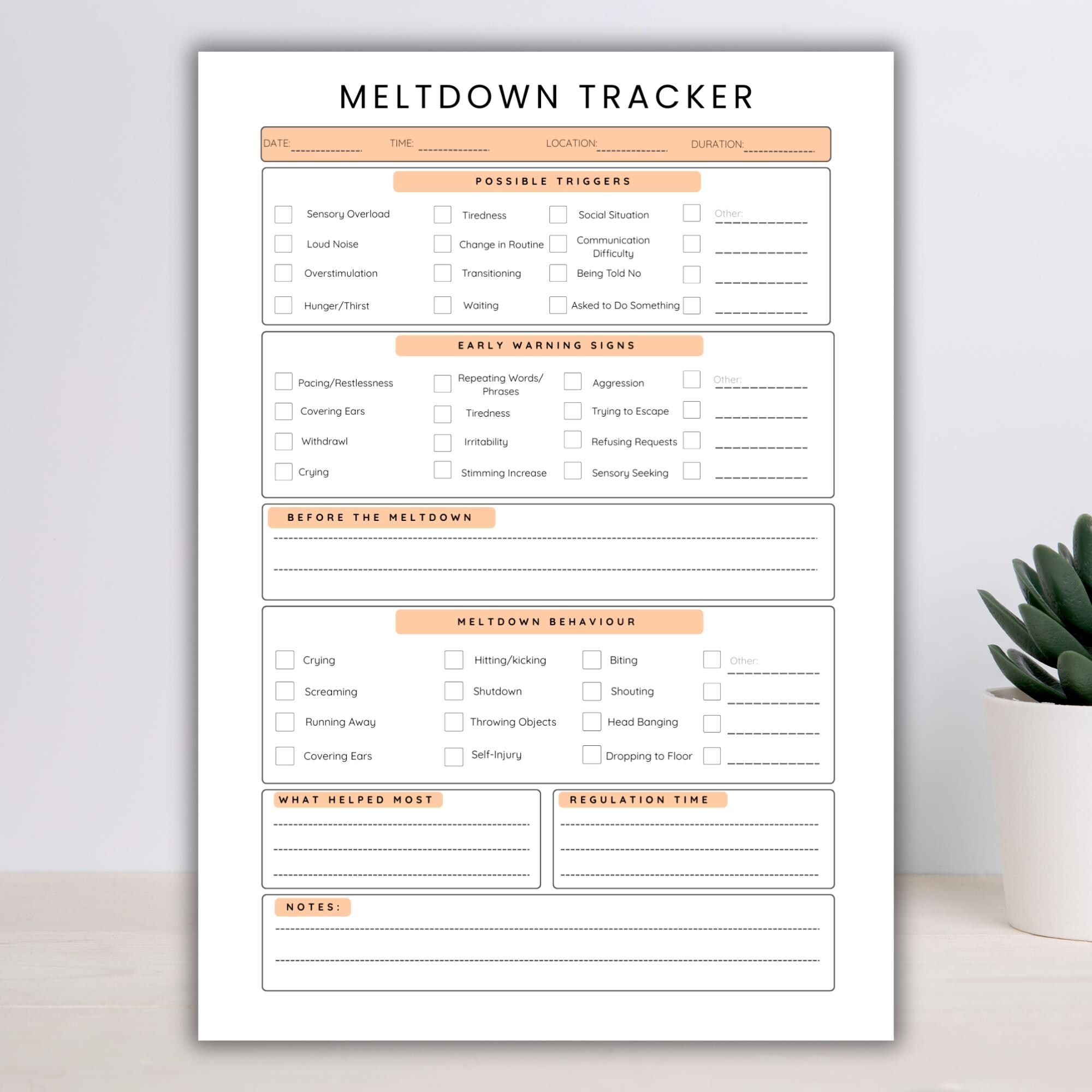 Autism Meltdown Tracker Printable, Behavior Log, Trigger Tracker ...
