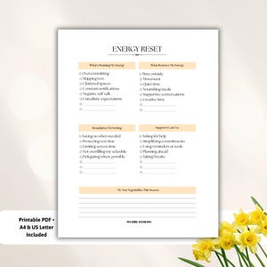 Può includere: Un pianificatore PDF stampabile intitolato "ENERGY RESET" con sezioni per identificare i drenaggi e i ripristinatori di energia, impostare limiti e strategie di supporto. Include formati A4 e US Letter.