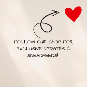 Follow our shop graphic with arrow and heart encouraging customers to follow for exclusive updates and new printable planner releases.