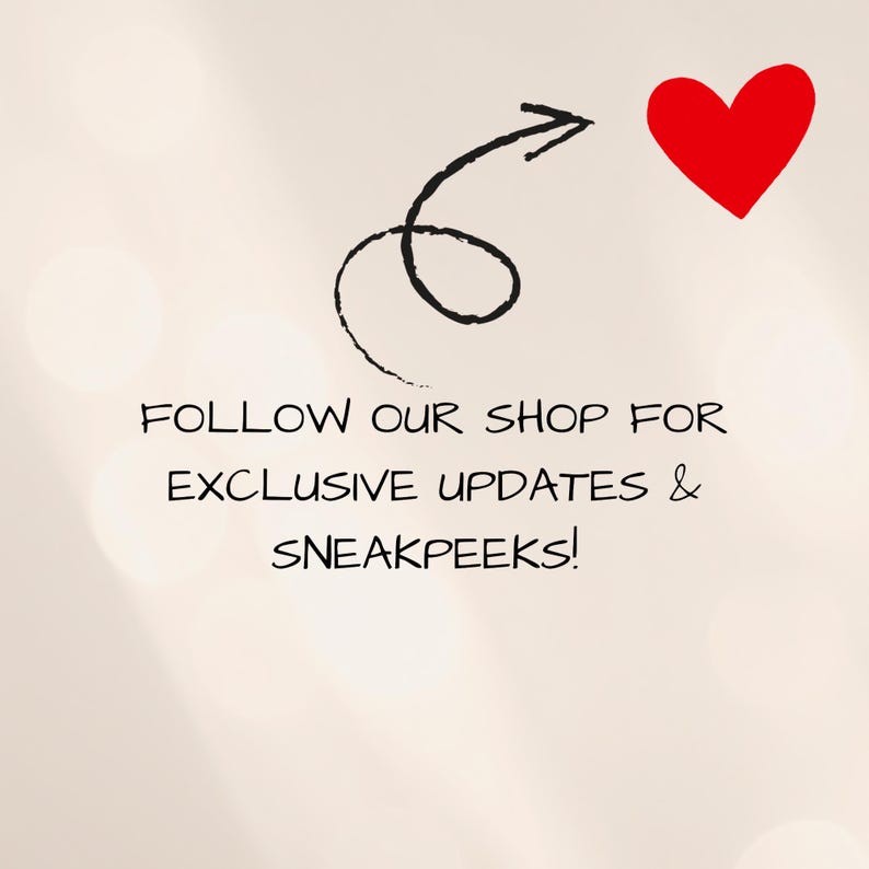 Follow our shop graphic with arrow and heart encouraging customers to follow for exclusive updates and new printable planner releases.