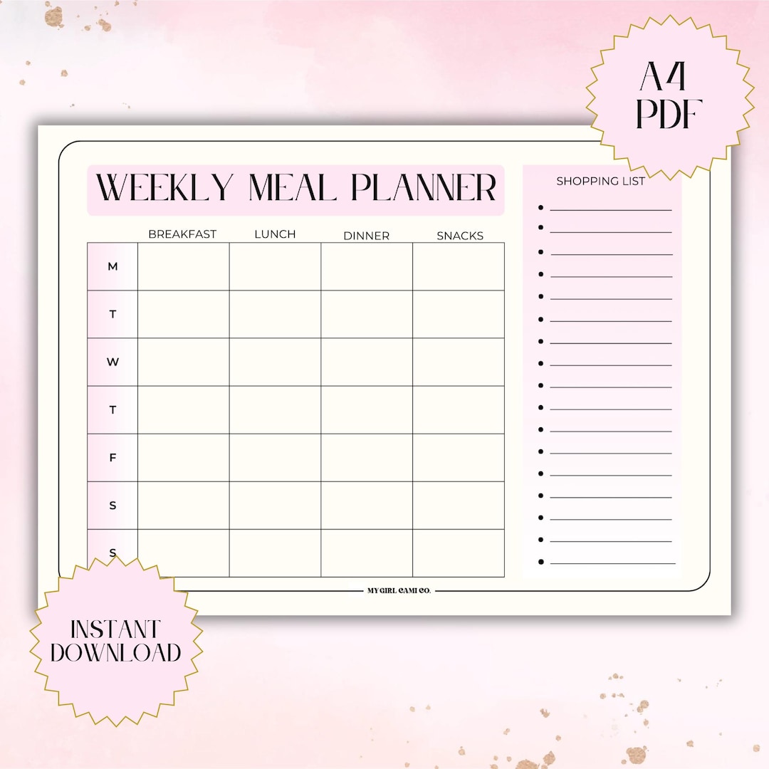 Weekly Meal Planner Printable A4 | Pink Meal Planning Chart With ...