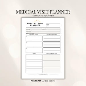 Medical Visit Planner printable PDF for special needs caregivers with sections for doctor details, discussion points, follow up questions and appointment notes, A4 and A5 included.