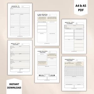 Six page Special Needs Planner bundle printable PDF with SEN daily planner, medical visit planner, medical call tracker, sleep success tracker and independence tracker, A4 and A5 sizes, instant download.