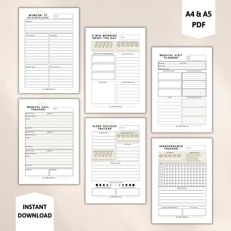 Six page Special Needs Planner bundle printable PDF with SEN daily planner, medical visit planner, medical call tracker, sleep success tracker and independence tracker, A4 and A5 sizes, instant download.