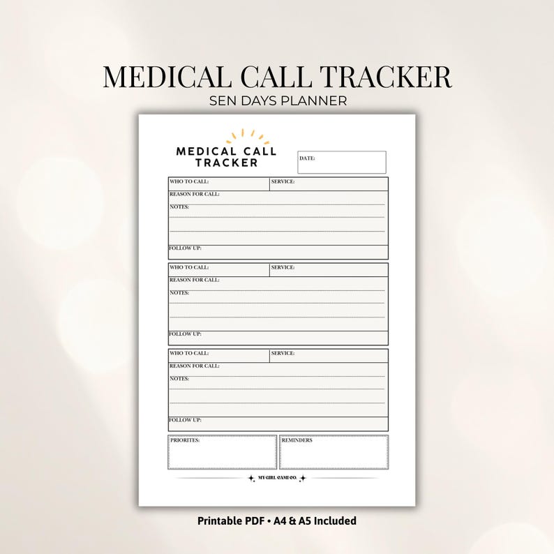 Medical Call Tracker printable PDF for special needs caregivers with sections for who to call, reason for call, notes, follow up, priorities and reminders, A4 and A5 included.