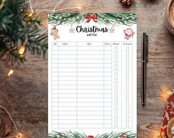 May include: A Christmas gift list on a white background with green fir branches, red bows, and gift boxes. The list includes spaces for names, gifts, prices, and wrapping status. A black pen rests on the right side.