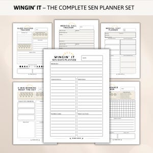 May include: A complete SEN planner set with various trackers, including sleep success, medical call, and medical visit planners. The set also includes a 5-minute morning reset and a 7-day planner. The text "WINGIN' IT" is displayed at the top.