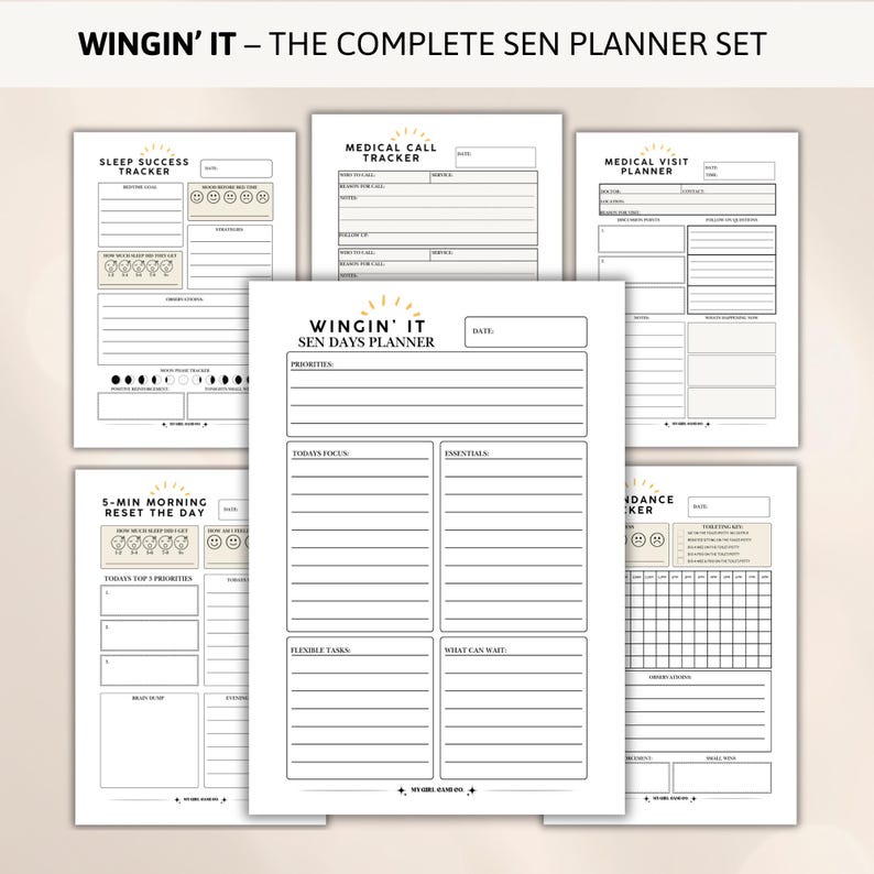 6 page Special Needs Planner bundle printable PDF featuring SEN daily planner, medical visit planner, medical call tracker, sleep tracker, independence tracker and morning reset pages in A4 and A5 format.