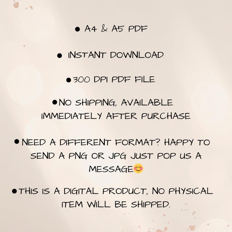 Printable planner details image showing A4 and A5 PDF, instant download, 300 DPI file, no shipping and digital product notice.