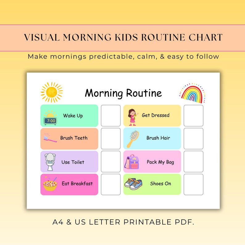 Am Routine Colorful Icons Morning Routine Chart Printable | Kids Visual Schedule | Autism Routine ...