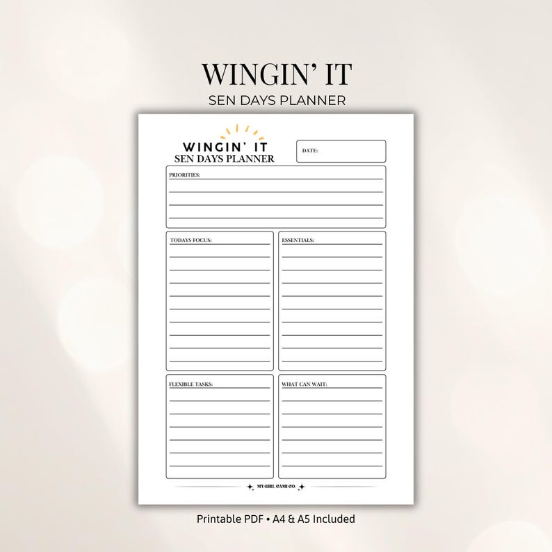 SEN Days Planner printable PDF for special needs caregivers featuring daily priorities, essentials, flexible tasks and what can wait sections, A4 and A5 sizes included.