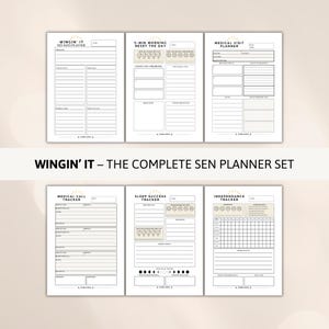 Six page Special Needs Planner bundle printable PDF showing SEN daily planner, morning reset page, medical visit planner, medical call tracker, sleep success tracker and independence tracker in A4 and A5 sizes.