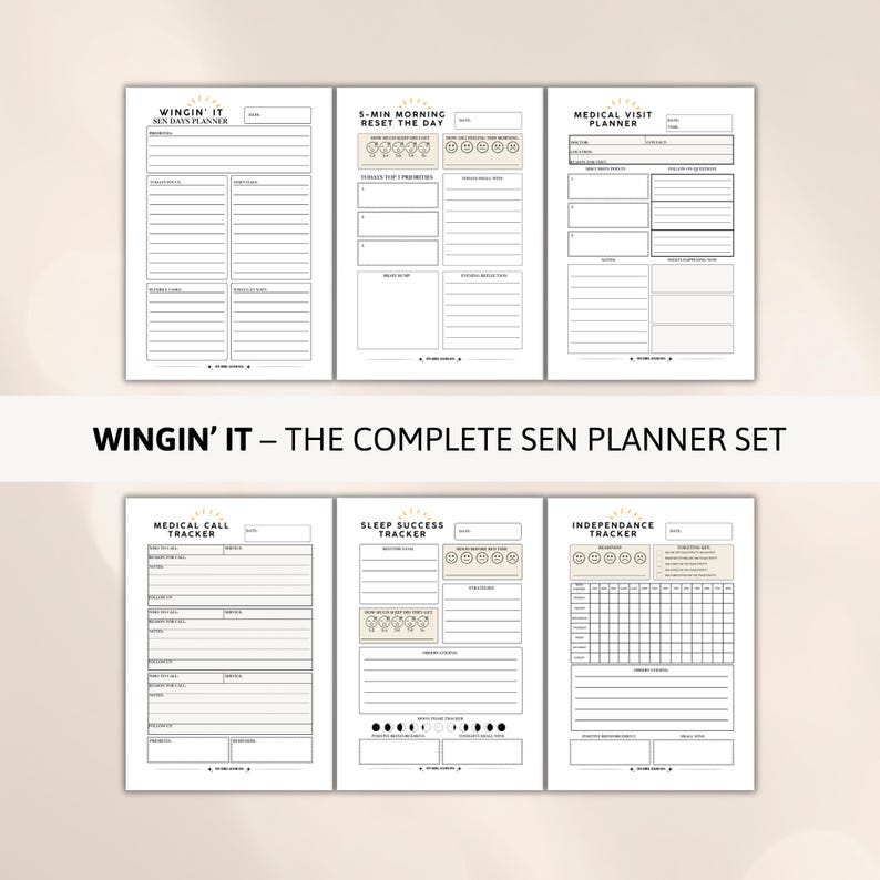 Six page Special Needs Planner bundle printable PDF showing SEN daily planner, morning reset page, medical visit planner, medical call tracker, sleep success tracker and independence tracker in A4 and A5 sizes.