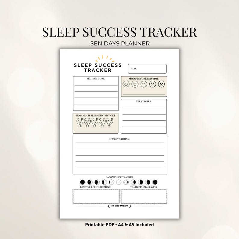 Sleep Success Tracker printable PDF for autism and special needs families with bedtime goals, mood tracker, sleep hours log, moon phase chart and behavior notes, A4 and A5 included.