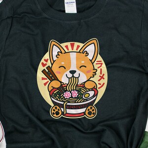 Kawaii Ramen Cute Anime Dog Corgi Macarrão Japonês Manga Curta Camiseta Unissex
