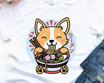 Kawaii Corgi Ramen T-Shirt, Anime Japanese Noodles Unisex Tee