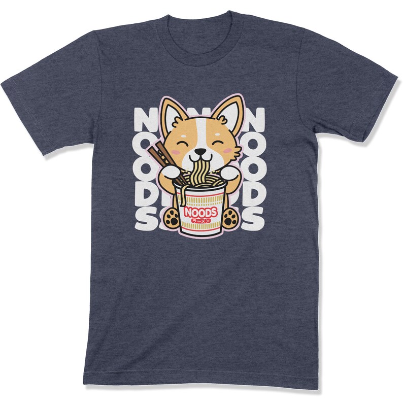 May include: A navy blue t-shirt with a cartoon corgi dog eating a bowl of noodles. The text "NOODS" is repeated around the dog.