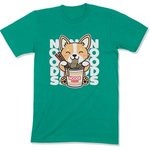 May include: A green t-shirt with a cartoon corgi dog eating a bowl of noodles. The text "NOODS" is repeated around the dog.