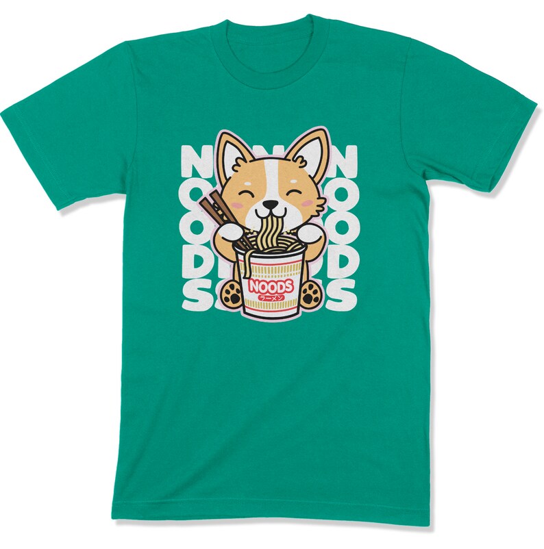 May include: A green t-shirt with a cartoon corgi dog eating a bowl of noodles. The text "NOODS" is repeated around the dog.