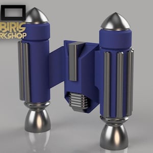 Peut inclure: Modèle imprimé en 3D d'un jetpack futuriste avec un schéma de couleurs bleu et argent. Le jetpack a deux gros moteurs sur les côtés et un panneau de contrôle central.