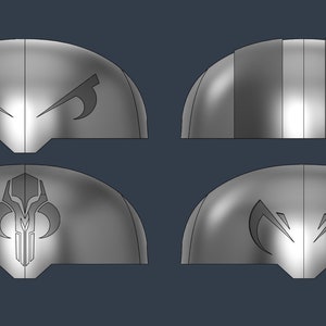 May include: Four different helmet designs with various symbols and patterns. The designs include a Mandalorian symbol, a striped pattern, and two different eye designs.