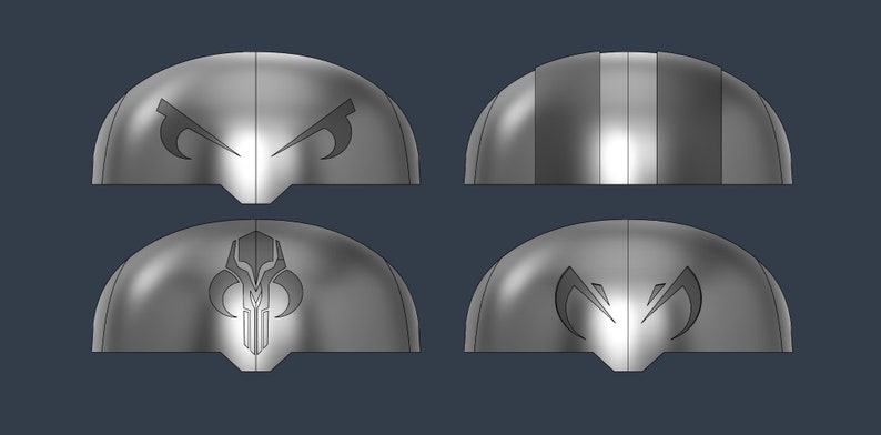 May include: Four different helmet designs with various symbols and patterns. The designs include a Mandalorian symbol, a striped pattern, and two different eye designs.