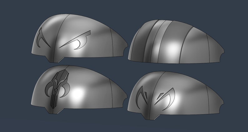 May include: Four silver-colored helmet pieces with different designs. The designs include a skull and crossbones, a stylized eye, and a striped pattern.