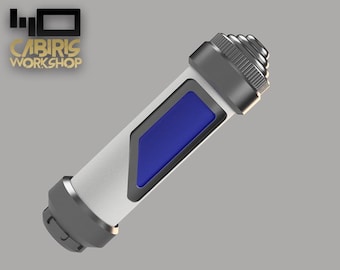 May include: A silver and white cylindrical container with a blue rectangular window. The container has a textured top and a smooth, white body.