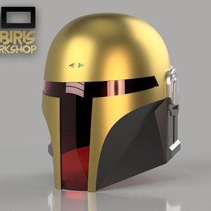 May include: A gold helmet with a black visor and red accents. The helmet has a small, rectangular panel on the side with a green and blue light.