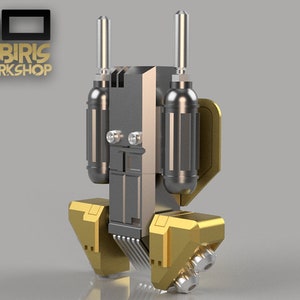 以下が含まれることがあります： 銀と金のロボット。背中に大きな銀色のシリンダーが2つ、底に小さな銀色のシリンダーが2つ、金色のベースがあります。