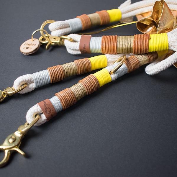 Calimero Set-Dog leather + newl collar in soft cotton tau with cognac leather & paracord winding in silver, gold, yellow
