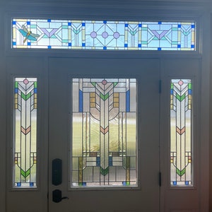 20-05 Prairie style, Frank Lloyd Wright inspired Transom window in Clear Textured glass and color glass with a dragonfly incorporated