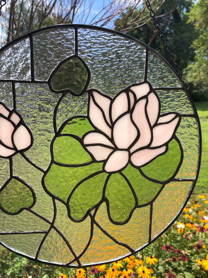 Beautiful, Round Stained Glass Water Lilies Stained Glass Hanging Panel