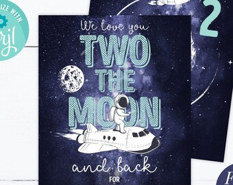 Editable Two the Moon Birthday Invitation Space Astronaut Birthday Love you to the moon Download Printable Template Digital Corjl 0046