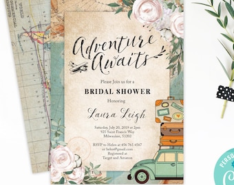 White Floral Greenery The Adventure Begins Bridal Shower Invitation Template World Map Bridal Shower Invite Template Travel Bridal Shower