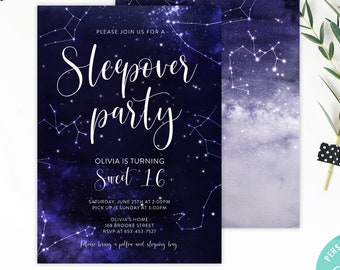 Galaxy Birthday Invitation, Slumber Party Invitation, Starry Night, Starry Sky - Sleepover Pajama Party - Digital INSTANT DOWNLOAD Editable