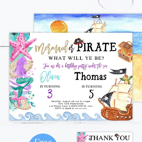 Mermaid And Pirate Birthday Invitation Mermaid Pirate Invite Girl Boy Sibling Mermaid Pirate Party Instant File Editable File Corjl
