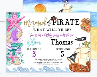 Mermaid And Pirate Birthday Invitation Mermaid Pirate Invite Girl Boy Sibling Mermaid Pirate Party Instant File Editable File Corjl