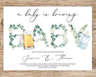 EDITABLE Baby Is Brewing Invitation Beer Baby Shower Invitation Greenery Gender Neutral Coed Baby Shower Printable Digital Corjl