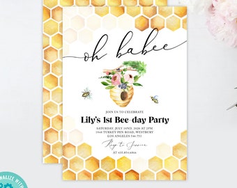 Oh Babee Birthday Invitation Bee-Day Invite Little Honey Invitation Bee Birthday Summer Download Printable Template Digital Corjl