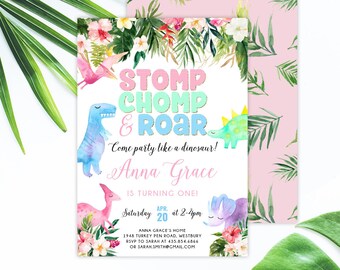 Girl Dinosaur Invitation Pink Dinosaur Birthday Invitation Watercolor Dinosaur Party Girly Pink Dinosaur Party Instant Download Editable AD