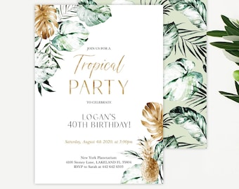 Editable Tropical Birthday Invitation Tropical Party Adult Birthday Woman Man Palm Leaves Hawaiian Download Printable Template Corjl