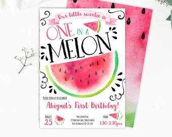 One in a Melon Birthday Invitation Watermelon Invitation Melon Party Summer Fruit Instant Download Printable Template Digital Editable