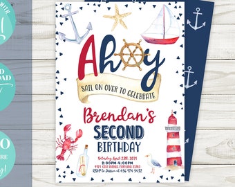 Nautical Birthday Invitation Ocean Ahoy Seahorse Blue Invitation Download Printable Template Editable Templett INSTAND DOWNLOAD